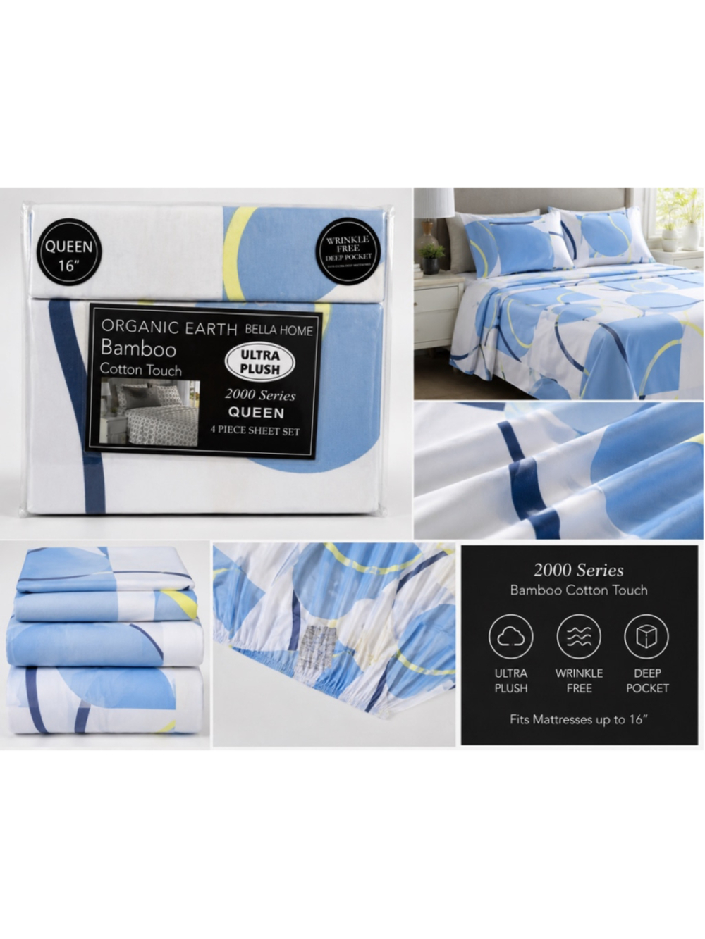 Unisex Bella Home Queen Blue Yellow Abstract Bamboo Cotton Sheet Set